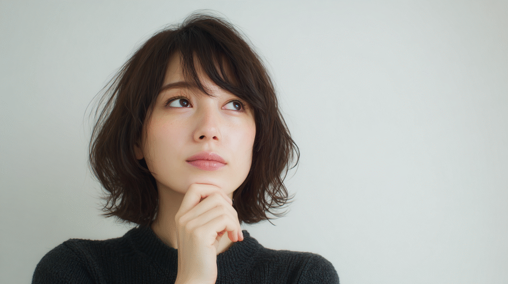 手を顎に当てて考えている人